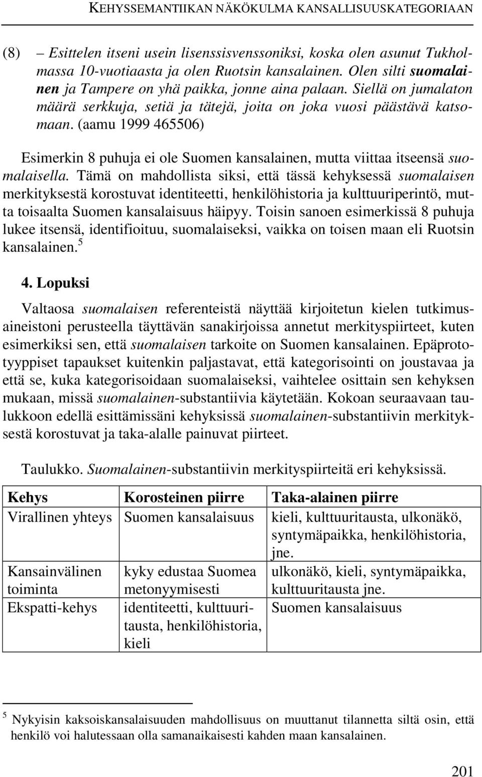 (aamu 1999 465506) Esimerkin 8 puhuja ei ole Suomen kansalainen, mutta viittaa itseensä suomalaisella.