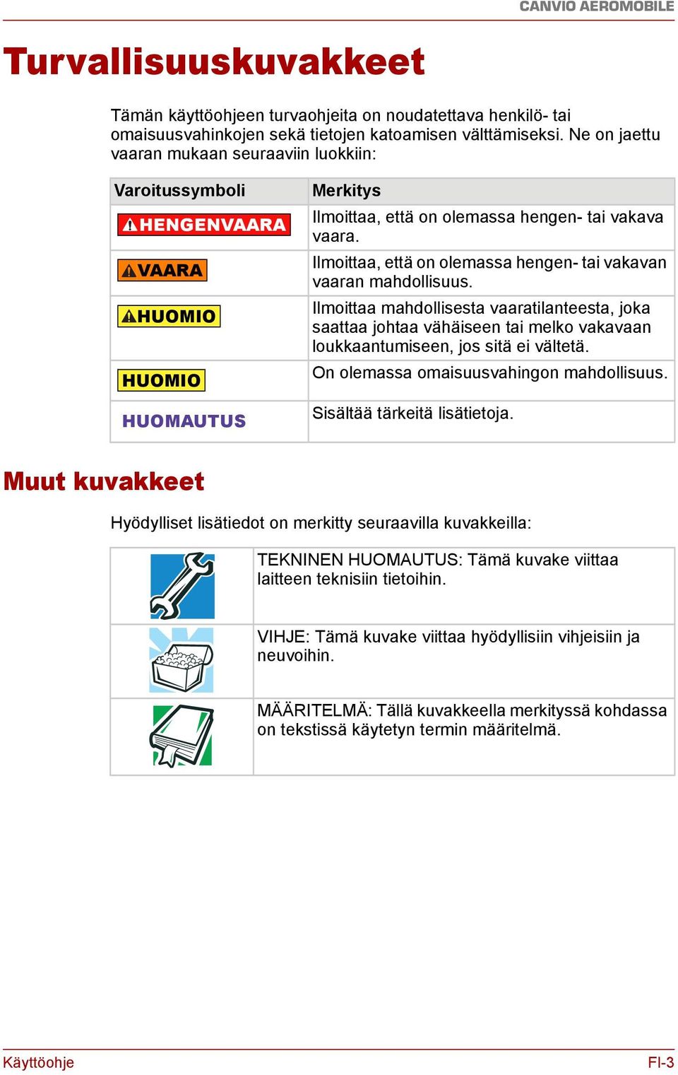 Ilmoittaa, että on olemassa hengen- tai vakavan vaaran mahdollisuus. Ilmoittaa mahdollisesta vaaratilanteesta, joka saattaa johtaa vähäiseen tai melko vakavaan loukkaantumiseen, jos sitä ei vältetä.