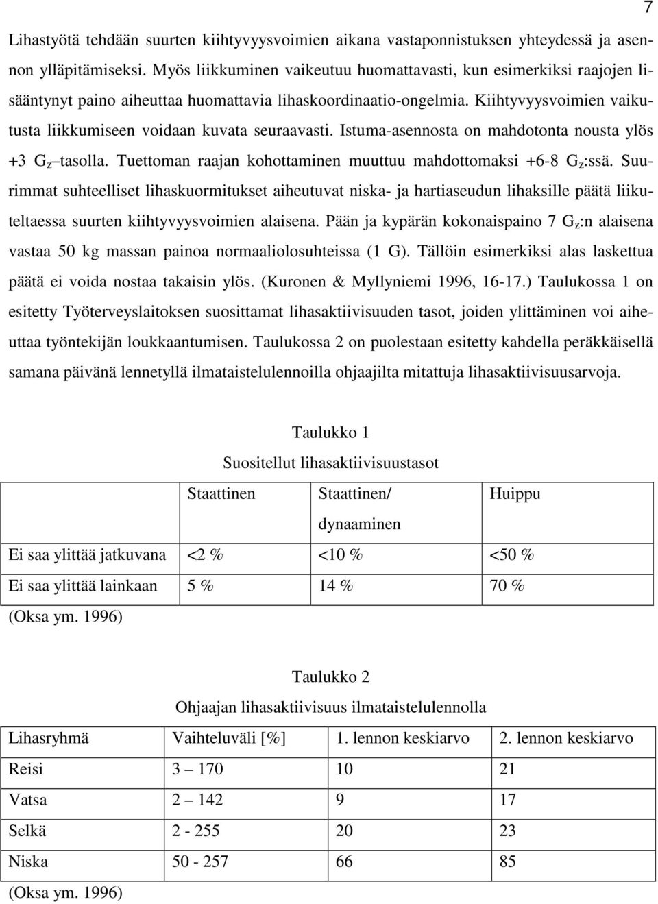 Kiihtyvyysvoimien vaikutusta liikkumiseen voidaan kuvata seuraavasti. Istuma-asennosta on mahdotonta nousta ylös +3 G z tasolla. Tuettoman raajan kohottaminen muuttuu mahdottomaksi +6-8 G z :ssä.