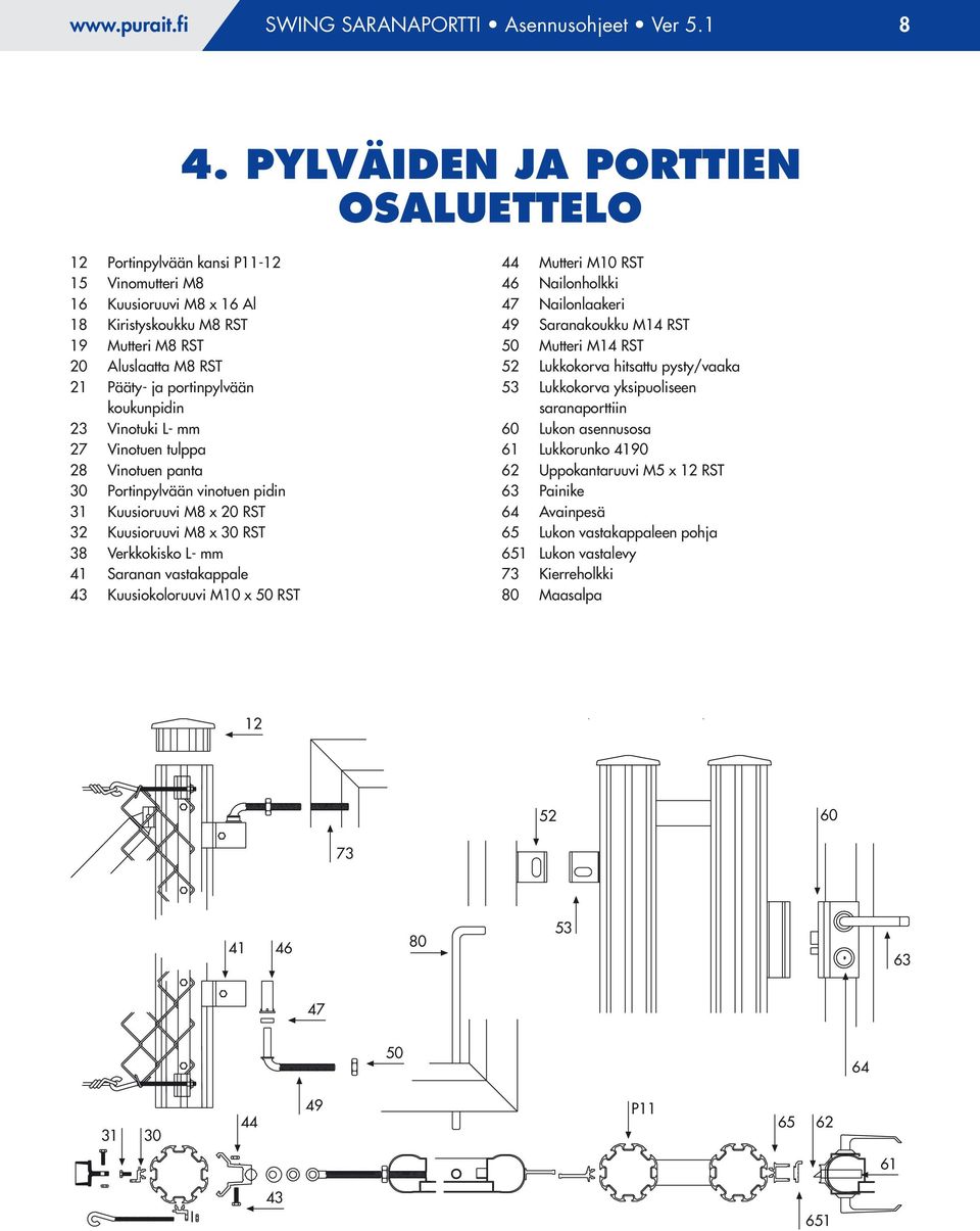 koukunpidin 23 Vinotuki L- mm 27 Vinotuen tulppa 28 Vinotuen panta 30 Portinpylvään vinotuen pidin 31 Kuusioruuvi M8 x 20 RST 32 Kuusioruuvi M8 x 30 RST 38 Verkkokisko L- mm 41 Saranan vastakappale