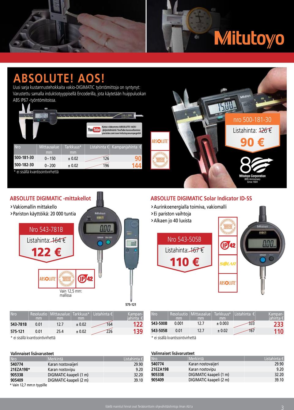 02 196 144 nro 500-181-30 : 126 90 ABSOLUTE DIGIMATIC -mittakellot Vakiomallin mittakello Pariston käyttöikä: 20 000 tuntia 543-781B : 164 122 ABSOLUTE DIGIMATIC Solar Indicator ID-SS