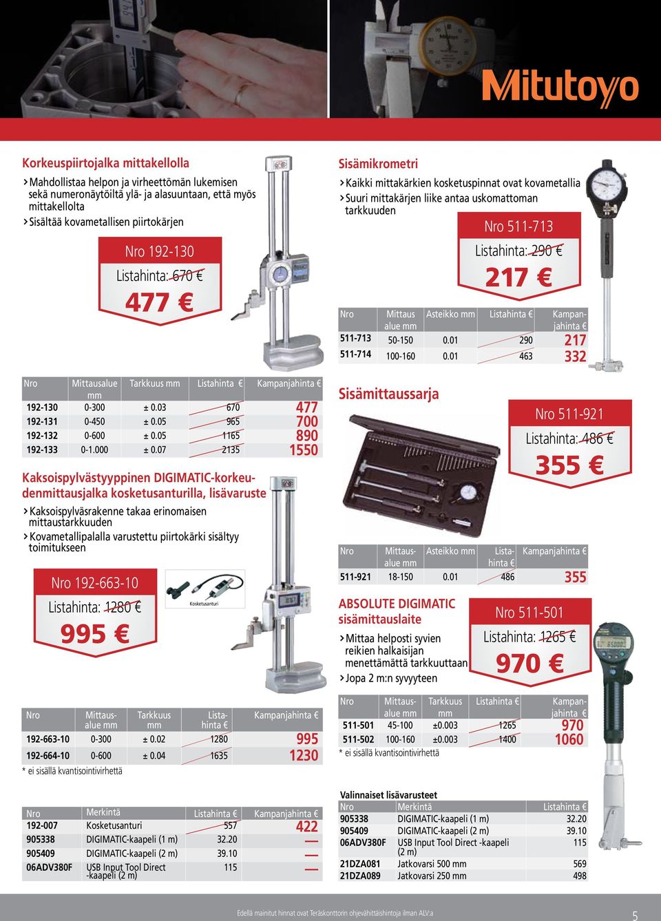 toimitukseen 192-663-10 : 1280 995 192-130 : 670 477 192-130 0-300 ± 0.03 670 477 192-131 0-450 ± 0.05 965 700 192-132 0-600 ± 0.05 1165 890 192-133 0-1.000 ± 0.