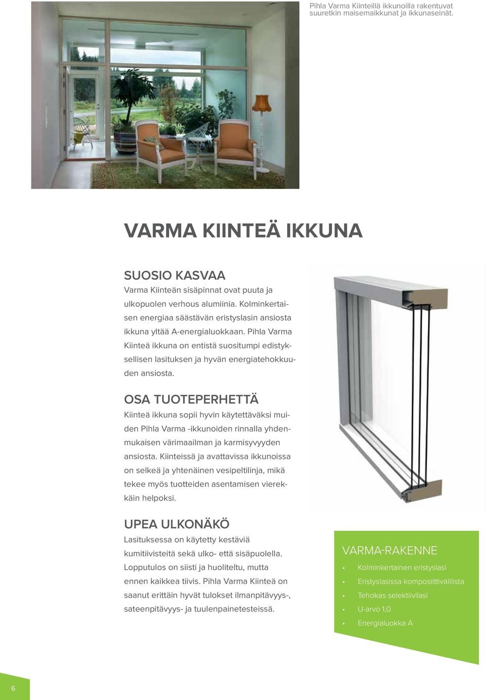 Pihla Varma Kiinteä ikkuna on entistä suositumpi edistyksellisen lasituksen ja hyvän energiatehokkuuden ansiosta.