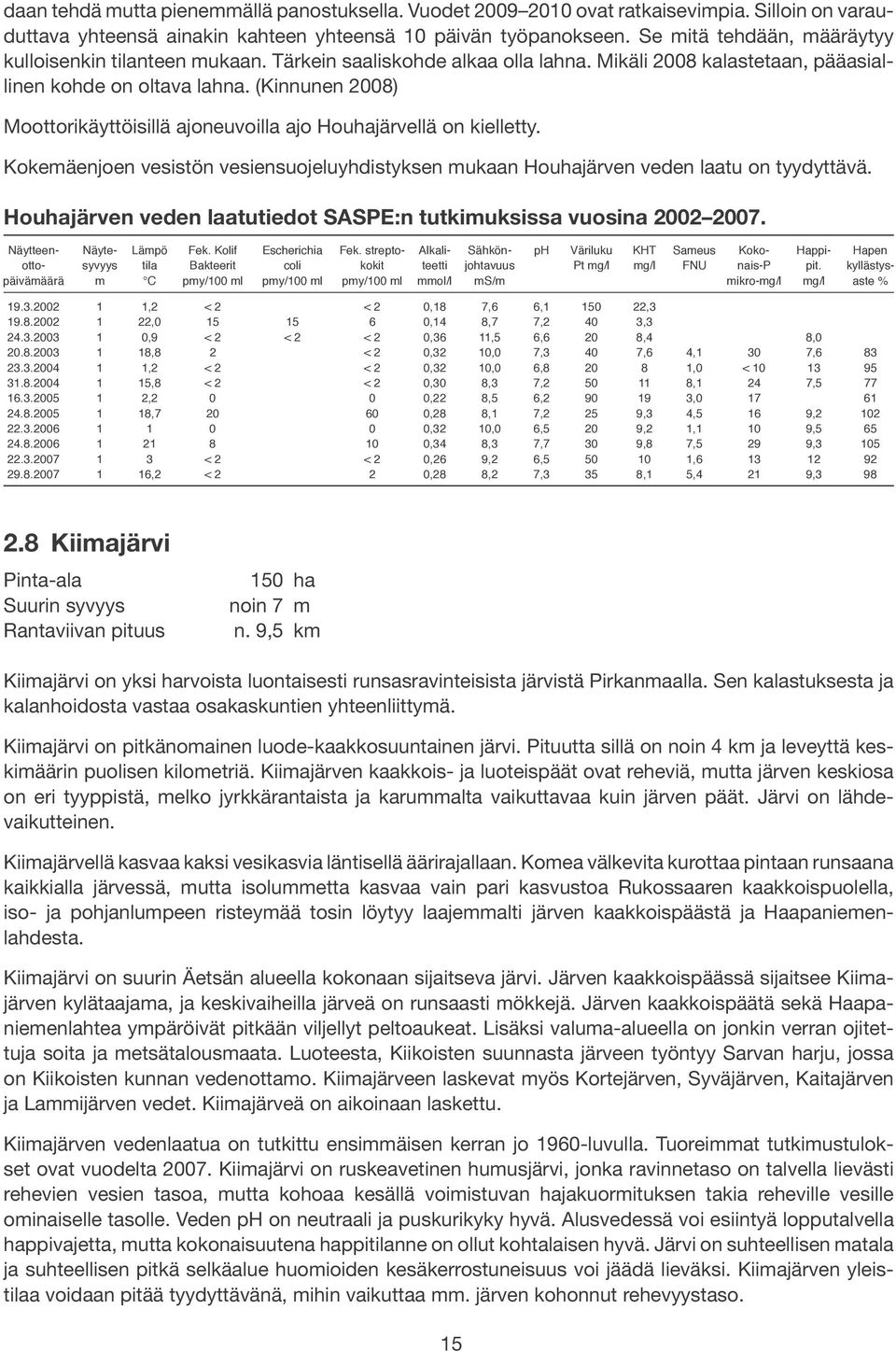 (Kinnunen 2008) Moottorikäyttöisillä ajoneuvoilla ajo Houhajärvellä on kielletty. Kokemäenjoen vesistön vesiensuojeluyhdistyksen mukaan Houhajärven veden laatu on tyydyttävä.