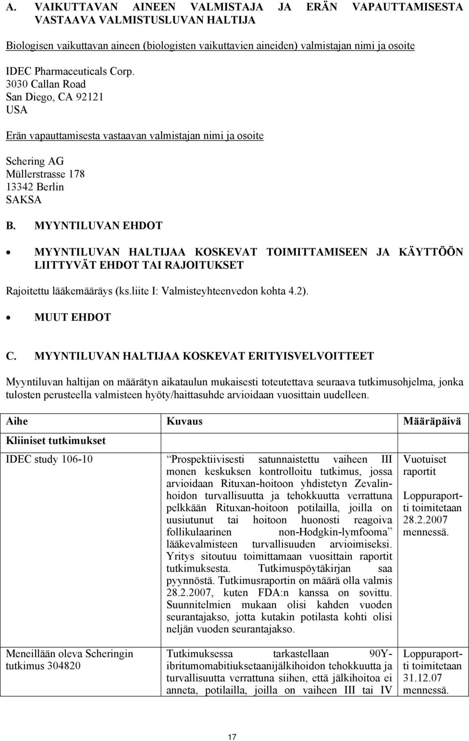 MYYNTILUVAN EHDOT MYYNTILUVAN HALTIJAA KOSKEVAT TOIMITTAMISEEN JA KÄYTTÖÖN LIITTYVÄT EHDOT TAI RAJOITUKSET Rajoitettu lääkemääräys (ks.liite I: Valmisteyhteenvedon kohta 4.2). MUUT EHDOT C.