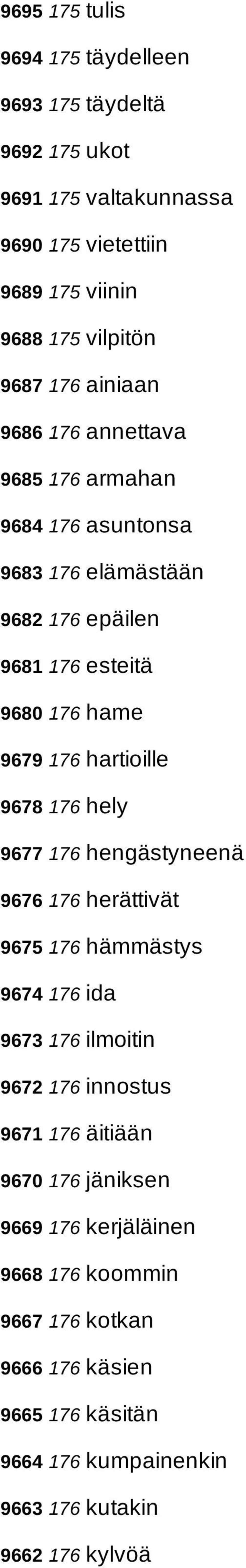 hartioille 9678 176 hely 9677 176 hengästyneenä 9676 176 herättivät 9675 176 hämmästys 9674 176 ida 9673 176 ilmoitin 9672 176 innostus 9671 176