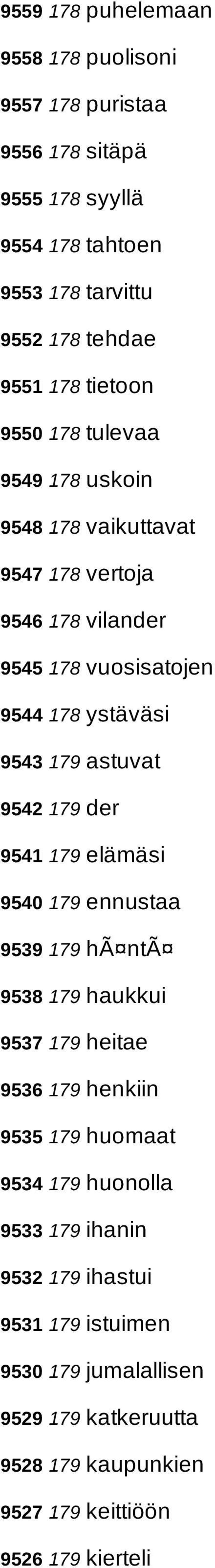 astuvat 9542 179 der 9541 179 elämäsi 9540 179 ennustaa 9539 179 hã ntã 9538 179 haukkui 9537 179 heitae 9536 179 henkiin 9535 179 huomaat 9534 179