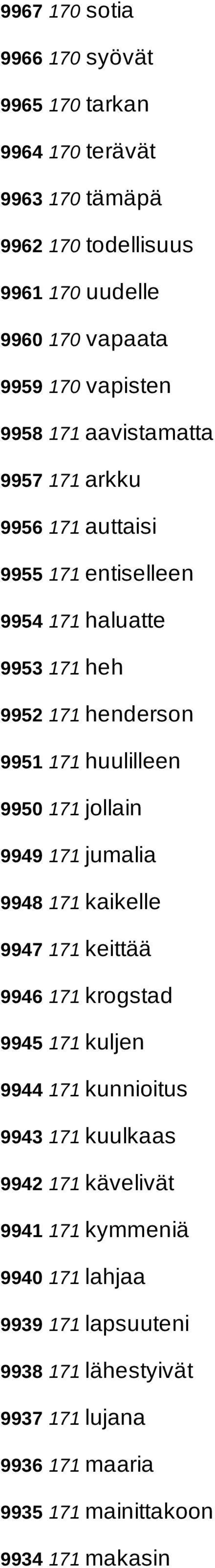 huulilleen 9950 171 jollain 9949 171 jumalia 9948 171 kaikelle 9947 171 keittää 9946 171 krogstad 9945 171 kuljen 9944 171 kunnioitus 9943 171