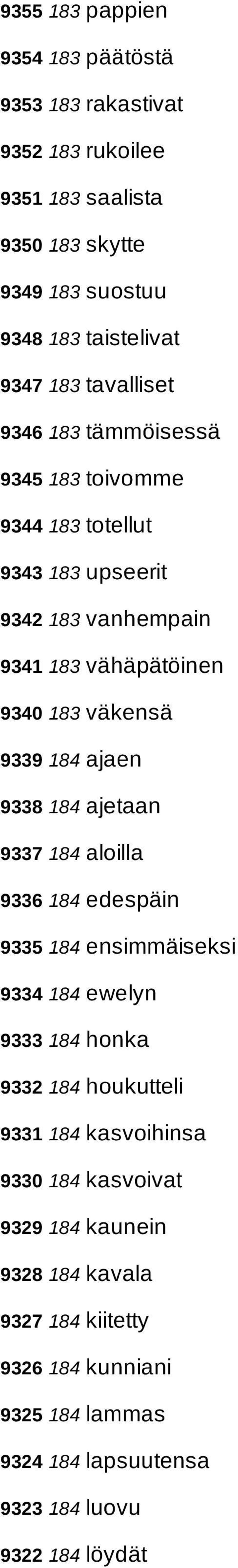 ajaen 9338 184 ajetaan 9337 184 aloilla 9336 184 edespäin 9335 184 ensimmäiseksi 9334 184 ewelyn 9333 184 honka 9332 184 houkutteli 9331 184 kasvoihinsa