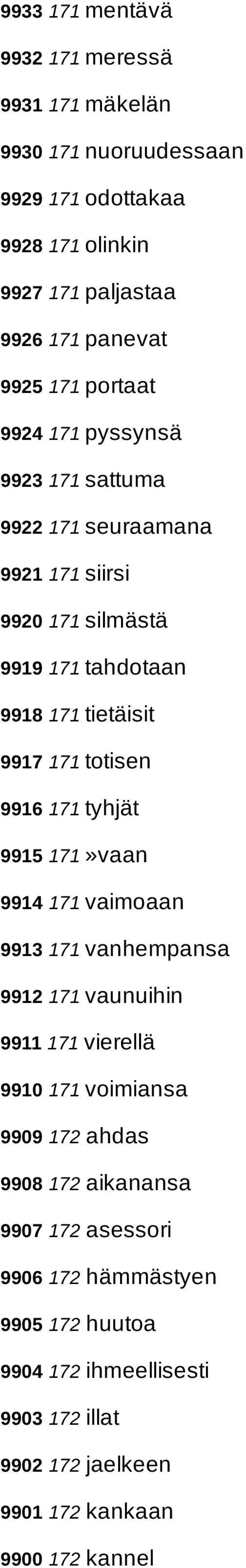 totisen 9916 171 tyhjät 9915 171»vaan 9914 171 vaimoaan 9913 171 vanhempansa 9912 171 vaunuihin 9911 171 vierellä 9910 171 voimiansa 9909 172 ahdas