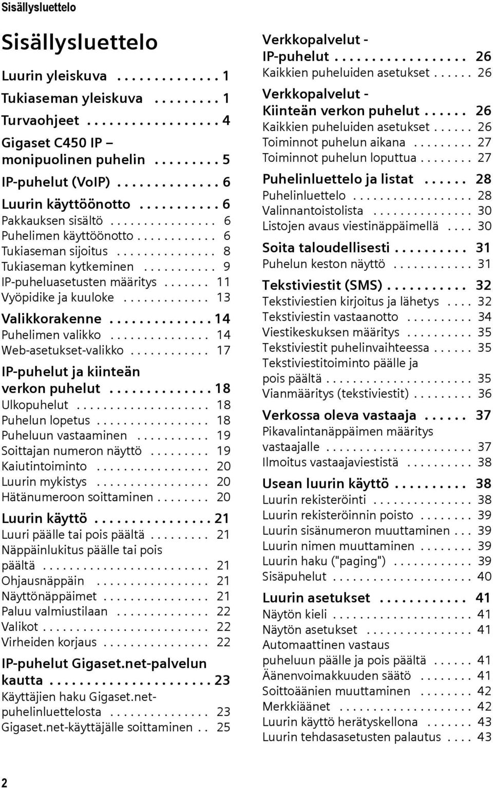 .......... 9 IP-puheluasetusten määritys....... 11 Vyöpidike ja kuuloke............. 13 Valikkorakenne.............. 14 Puhelimen valikko............... 14 Web-asetukset-valikko.