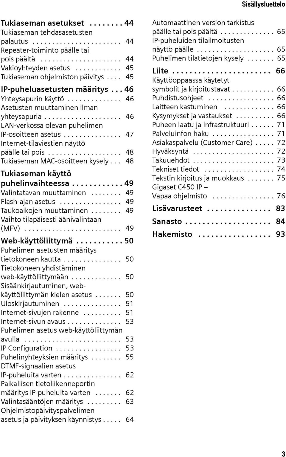 ................... 46 LAN-verkossa olevan puhelimen IP-osoitteen asetus............... 47 Internet-tilaviestien näyttö päälle tai pois................... 48 Tukiaseman MAC-osoitteen kysely.