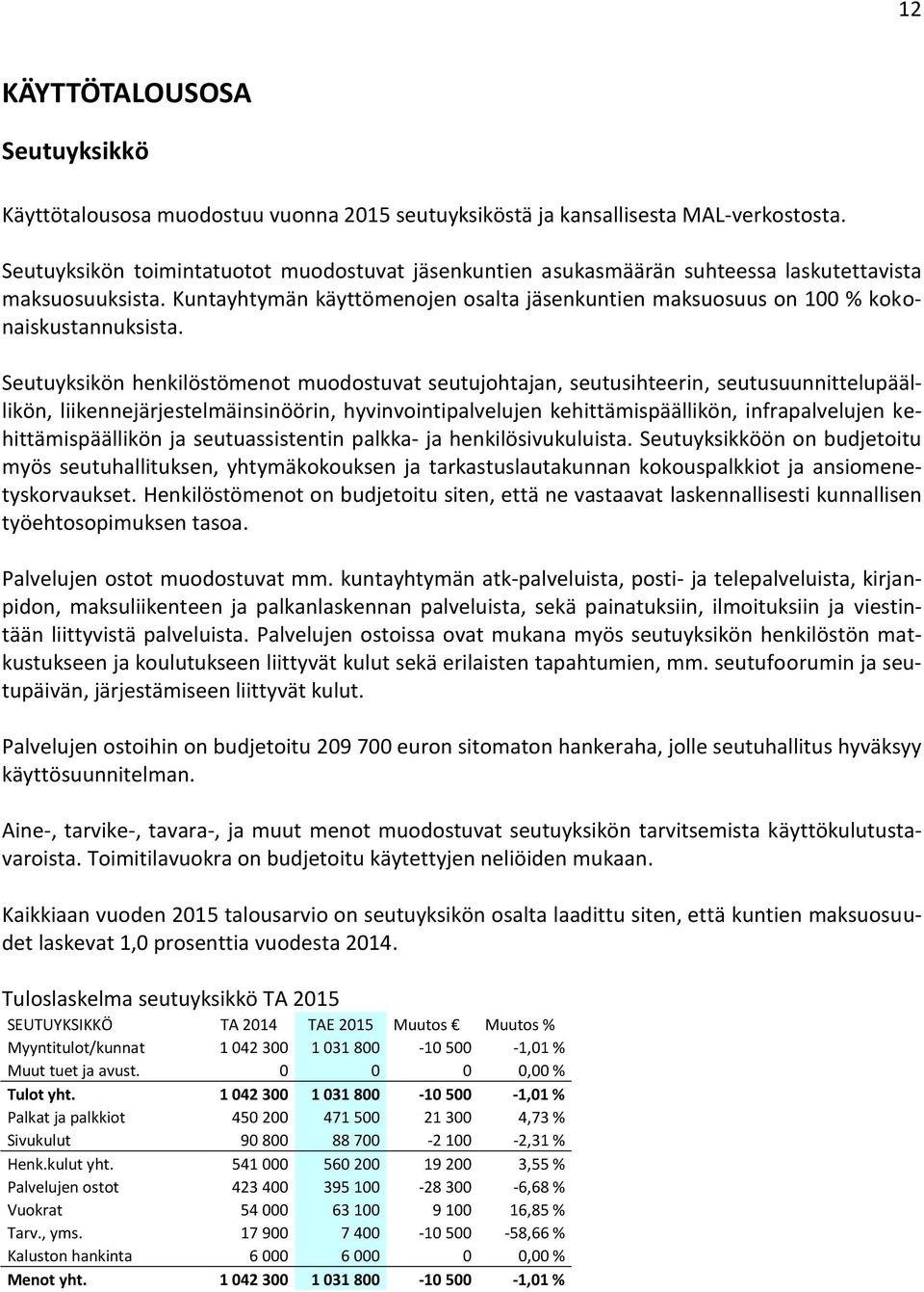 Seutuyksikön henkilöstömenot muodostuvat seutujohtajan, seutusihteerin, seutusuunnittelupäällikön, liikennejärjestelmäinsinöörin, hyvinvointipalvelujen kehittämispäällikön, infrapalvelujen