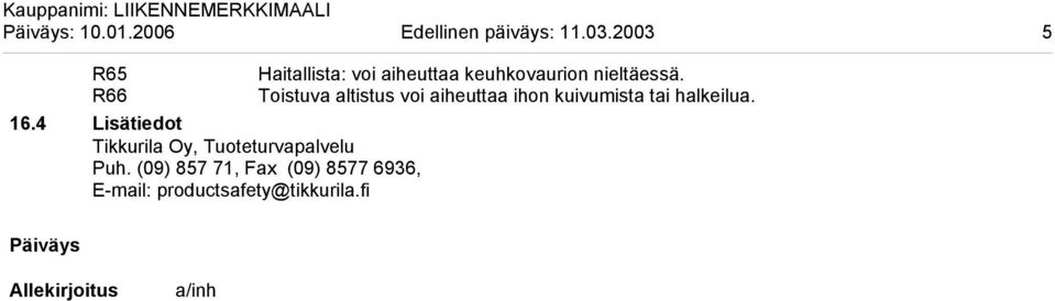 (09) 857 71, Fax (09) 8577 6936, E-mail: productsafety@tikkurila.