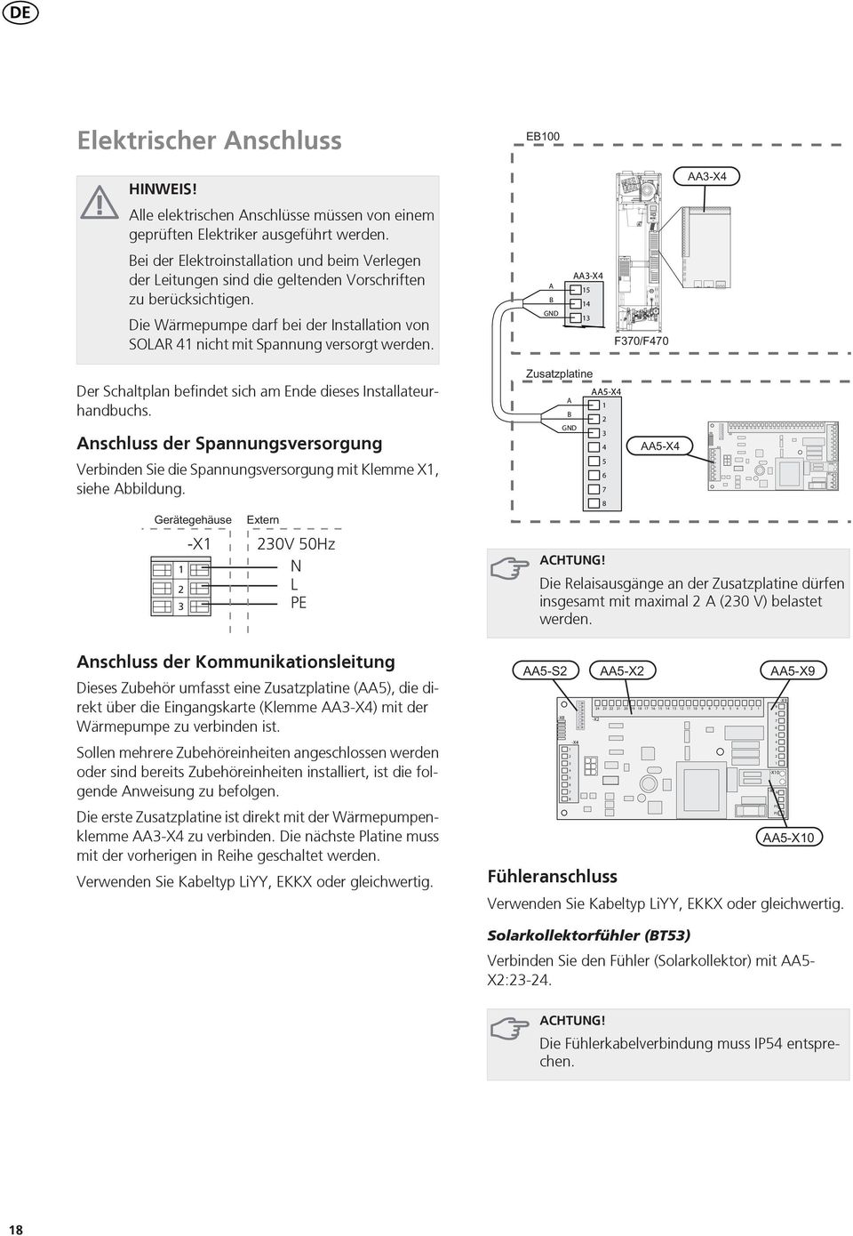 A B GND AA-X Der Schaltplan befindet sich am Ende dieses Installateurhandbuchs. Anschluss der Spannungsversorgung Verbinden Sie die Spannungsversorgung mit Klemme X, siehe Abbildung.