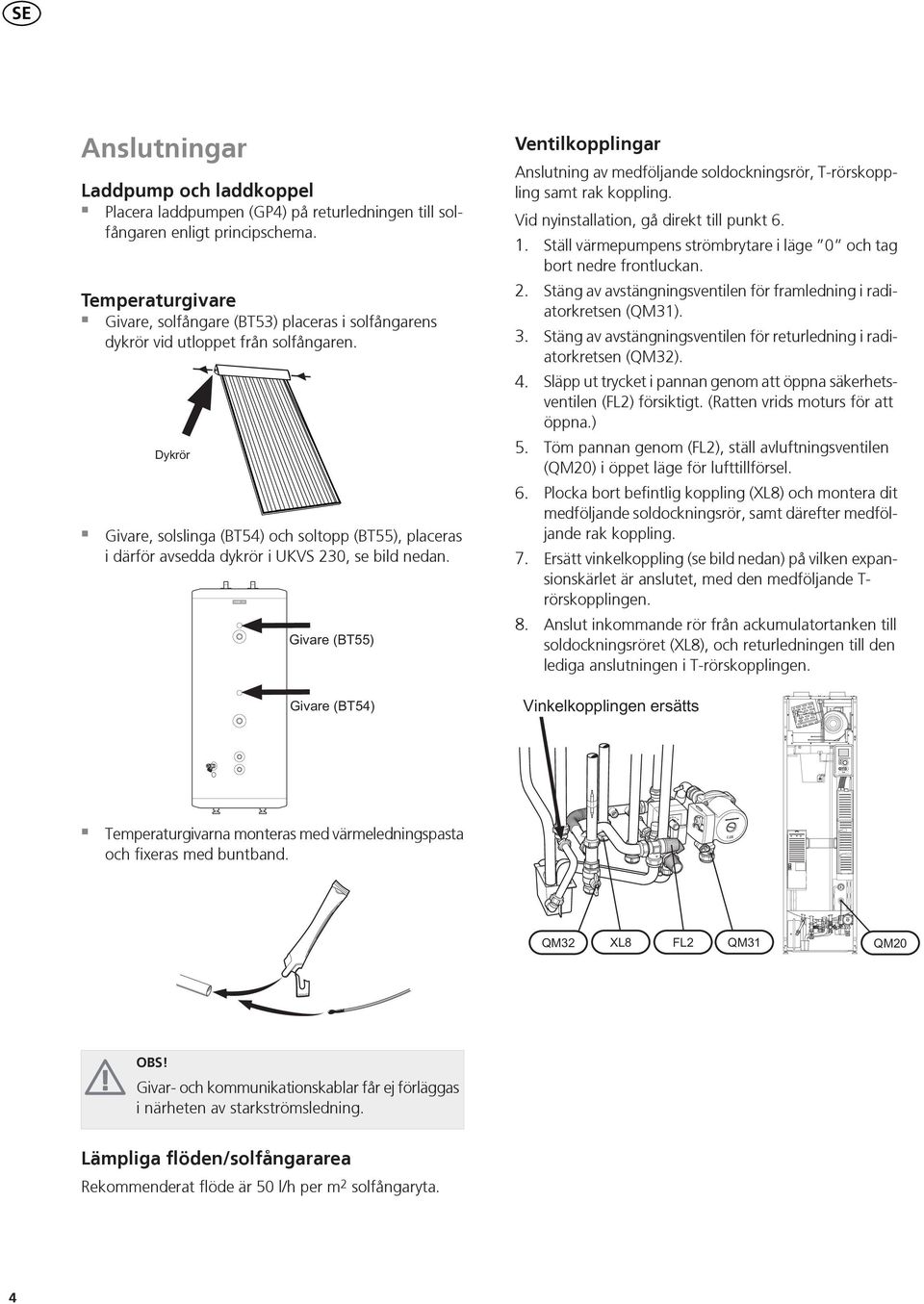 Givare, solslinga (BT) och soltopp (BT), placeras i därför avsedda dykrör i UKVS 0, se bild nedan. Ventilkopplingar Anslutning av medföljande soldockningsrör, T-rörskoppling samt rak koppling.