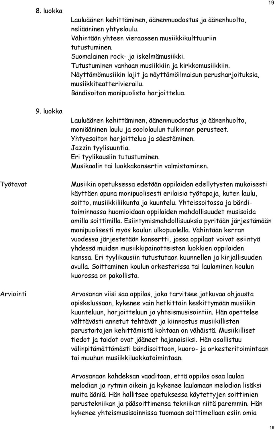 luokka Lauluäänen kehittäminen, äänenmuodostus ja äänenhuolto, moniääninen laulu ja soololaulun tulkinnan perusteet. Yhtyesoiton harjoittelua ja säestäminen. Jazzin tyylisuuntia.