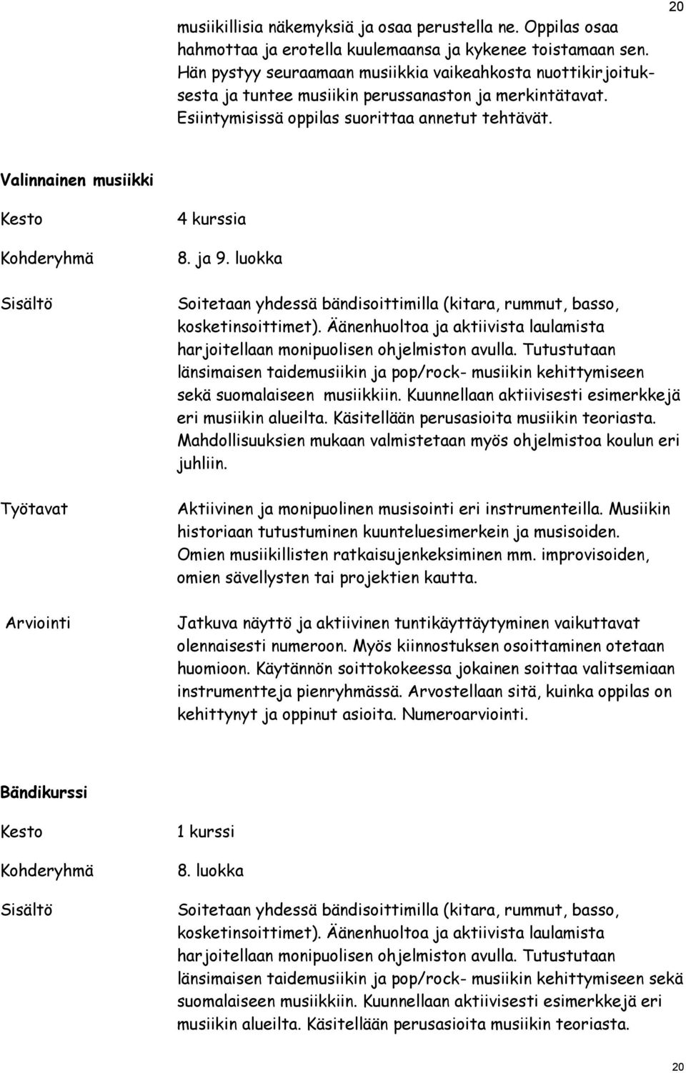 20 Valinnainen musiikki Kesto Kohderyhmä Sisältö Työtavat Arviointi 4 kurssia 8. ja 9. luokka Soitetaan yhdessä bändisoittimilla (kitara, rummut, basso, kosketinsoittimet).