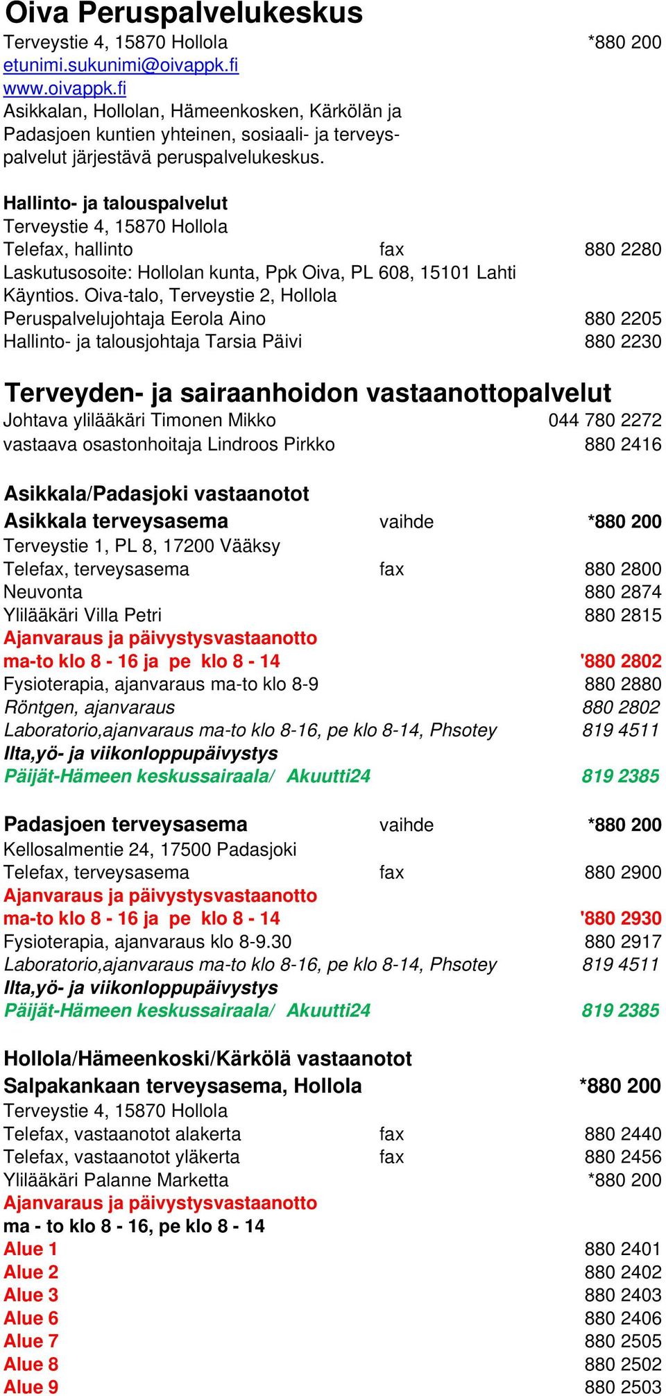 Hallinto- ja talouspalvelut Terveystie 4, 15870 Hollola Telefax, hallinto fax 880 2280 Laskutusosoite: Hollolan kunta, Ppk Oiva, PL 608, 15101 Lahti Käyntios.