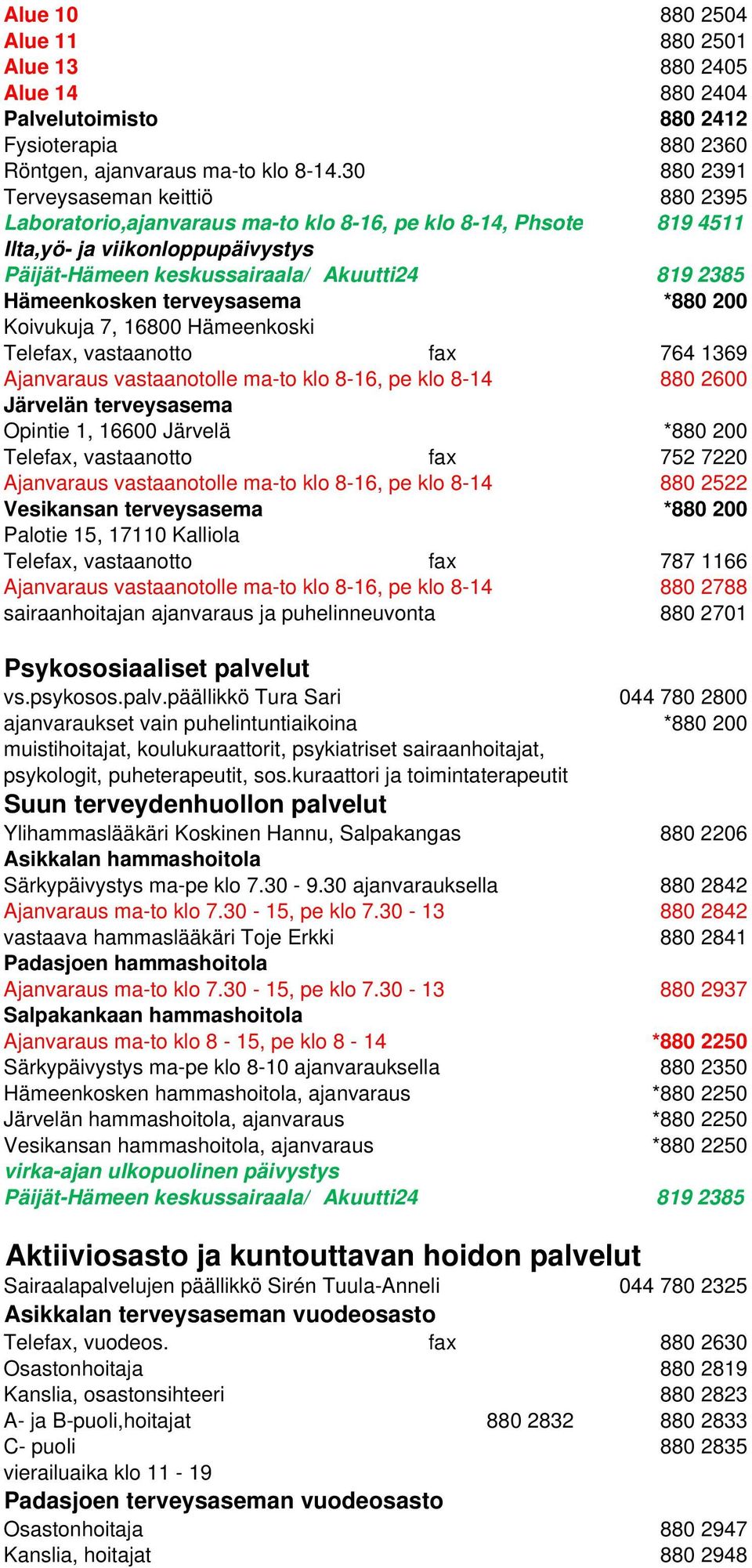 Hämeenkoski Telefax, vastaanotto fax 764 1369 Ajanvaraus vastaanotolle ma-to klo 8-16, pe klo 8-14 880 2600 Järvelän terveysasema Opintie 1, 16600 Järvelä *880 200 Telefax, vastaanotto fax 752 7220