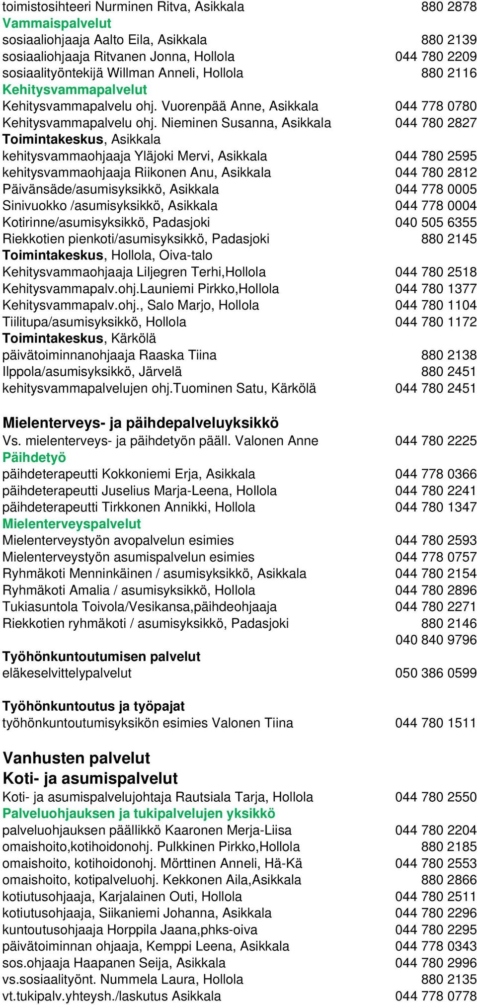 Nieminen Susanna, Asikkala 044 780 2827 Toimintakeskus, Asikkala kehitysvammaohjaaja Yläjoki Mervi, Asikkala 044 780 2595 kehitysvammaohjaaja Riikonen Anu, Asikkala 044 780 2812