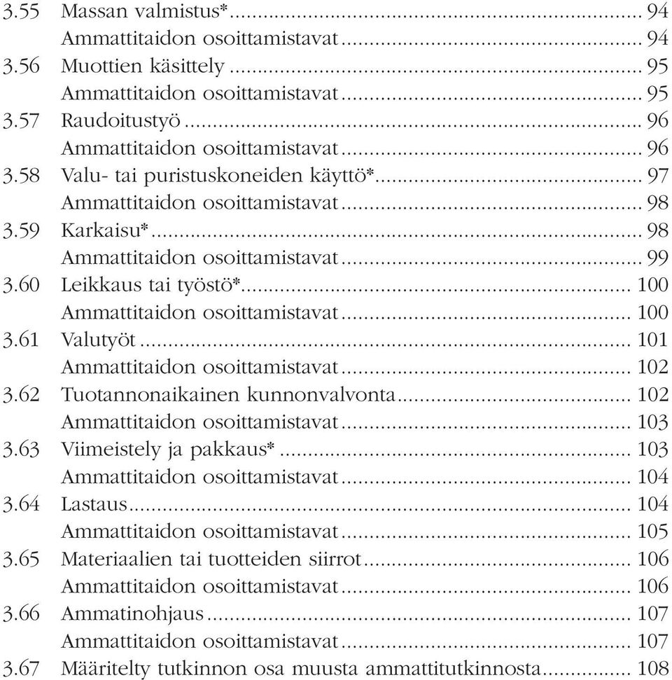 61 Valutyöt... 101... 102 3.62 Tuotannonaikainen kunnonvalvonta... 102... 103 3.63 Viimeistely ja pakkaus*... 103... 104 3.