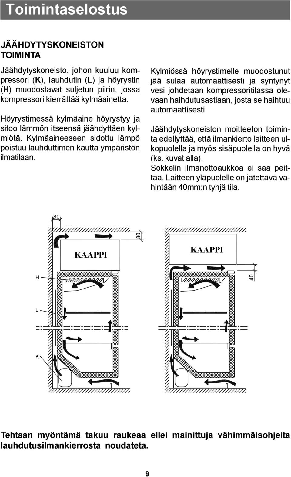 Kylmiössä höyrystimelle muodostunut jää sulaa automaattisesti ja syntynyt vesi johdetaan kompressoritilassa olevaan haihdutusastiaan, josta se haihtuu automaattisesti.