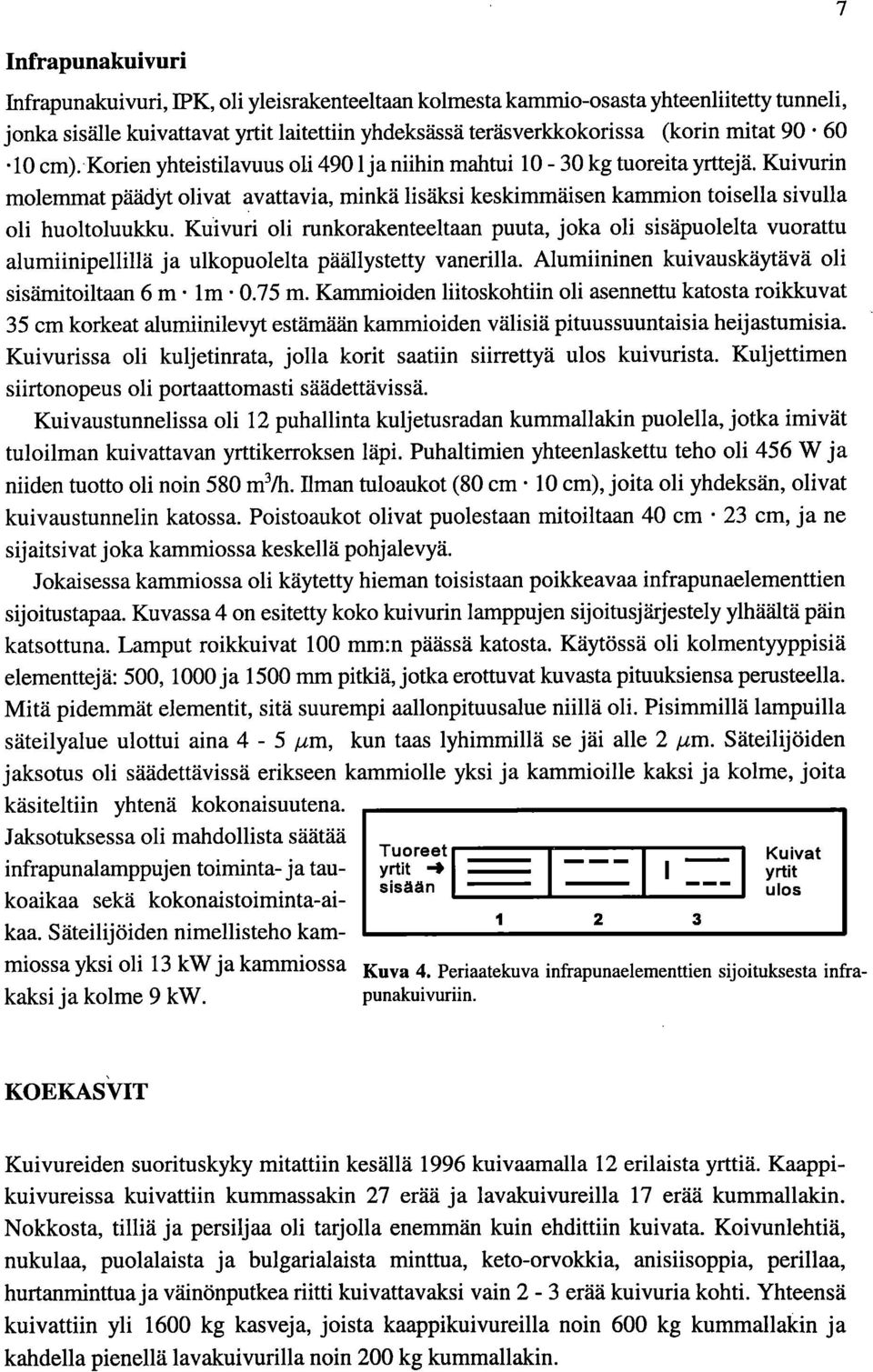 Kuivuri oli runkorakenteeltaan puuta, joka oli sisäpuolelta vuorattu alumiinipellillä ja ulkopuolelta päällystetty vanerilla. Alumiininen kuivauskäytävä oli sisämitoiltaan 6 m lm 0.75 m.