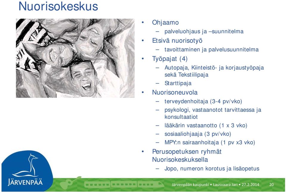 vastaanotot tarvittaessa ja konsultaatiot lääkärin vastaanotto (1 x 3 vko) sosiaaliohjaaja (3 pv/vko) MPY:n sairaanhoitaja (1