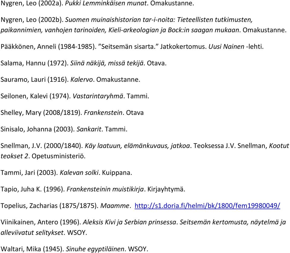 Seitsemän sisarta. Jatkokertomus. Uusi Nainen -lehti. Salama, Hannu (1972). Siinä näkijä, missä tekijä. Otava. Sauramo, Lauri (1916). Kalervo. Omakustanne. Seilonen, Kalevi (1974). Vastarintaryhmä.