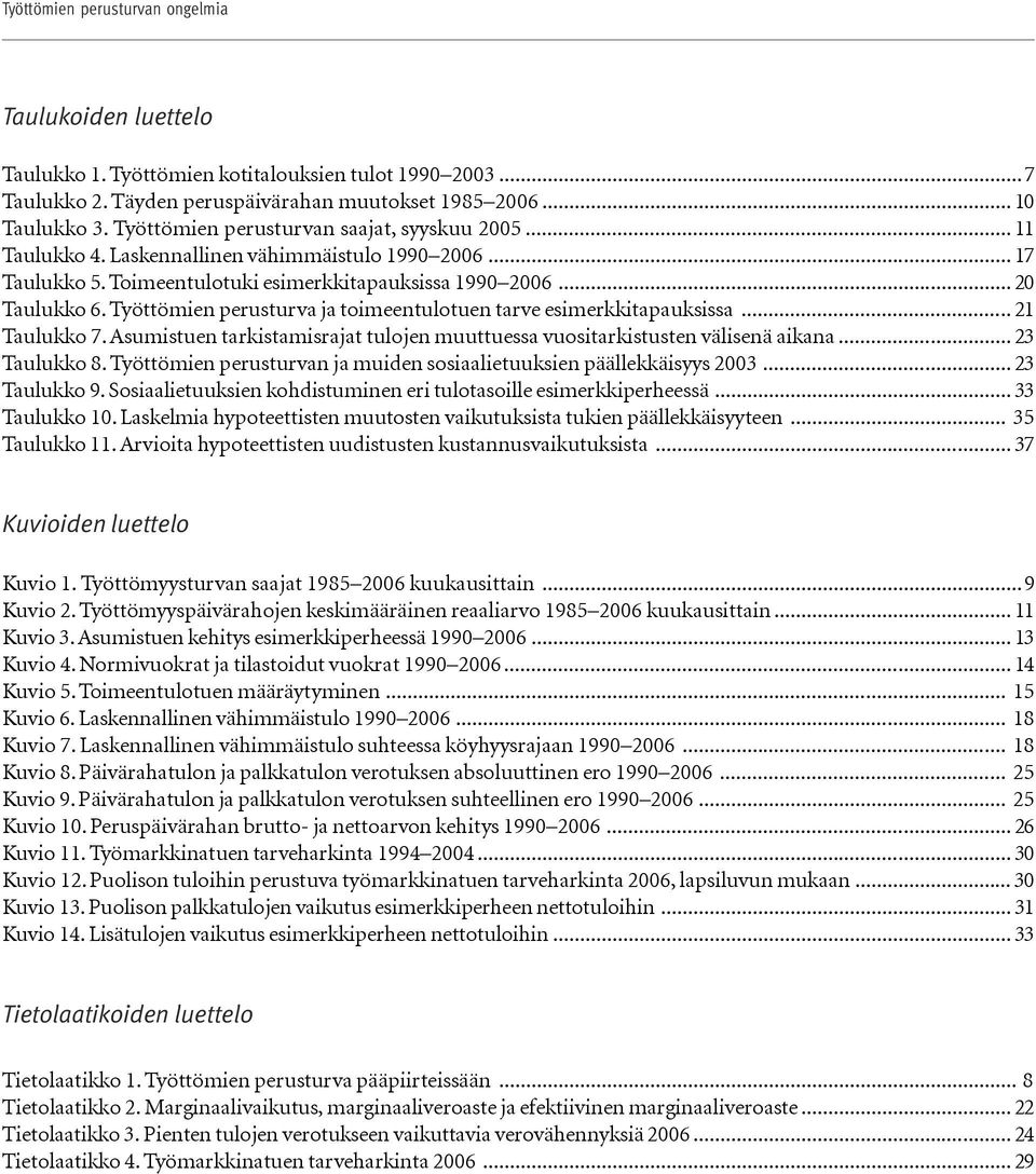 Työttömien perusturva ja toimeentulotuen tarve esimerkkitapauksissa... 21 Taulukko 7. Asumistuen tarkistamisrajat tulojen muuttuessa vuositarkistusten välisenä aikana... 23 Taulukko 8.