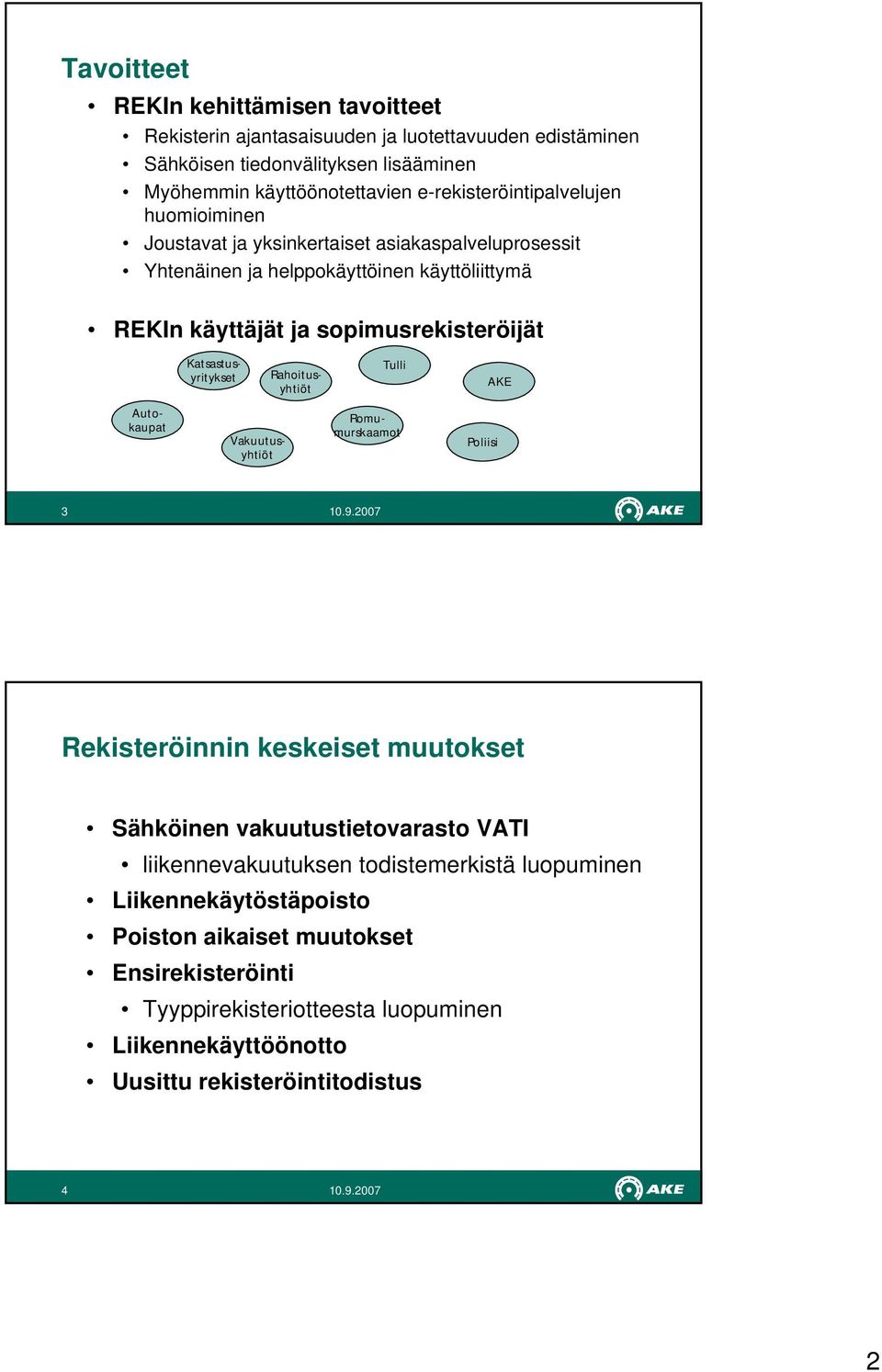 Katsastusyritykset Rahoitusyhtiöt Tulli AKE Autokaupat Vakuutusyhtiöt Romumurskaamot Poliisi 3 Rekisteröinnin keskeiset muutokset Sähköinen vakuutustietovarasto VATI