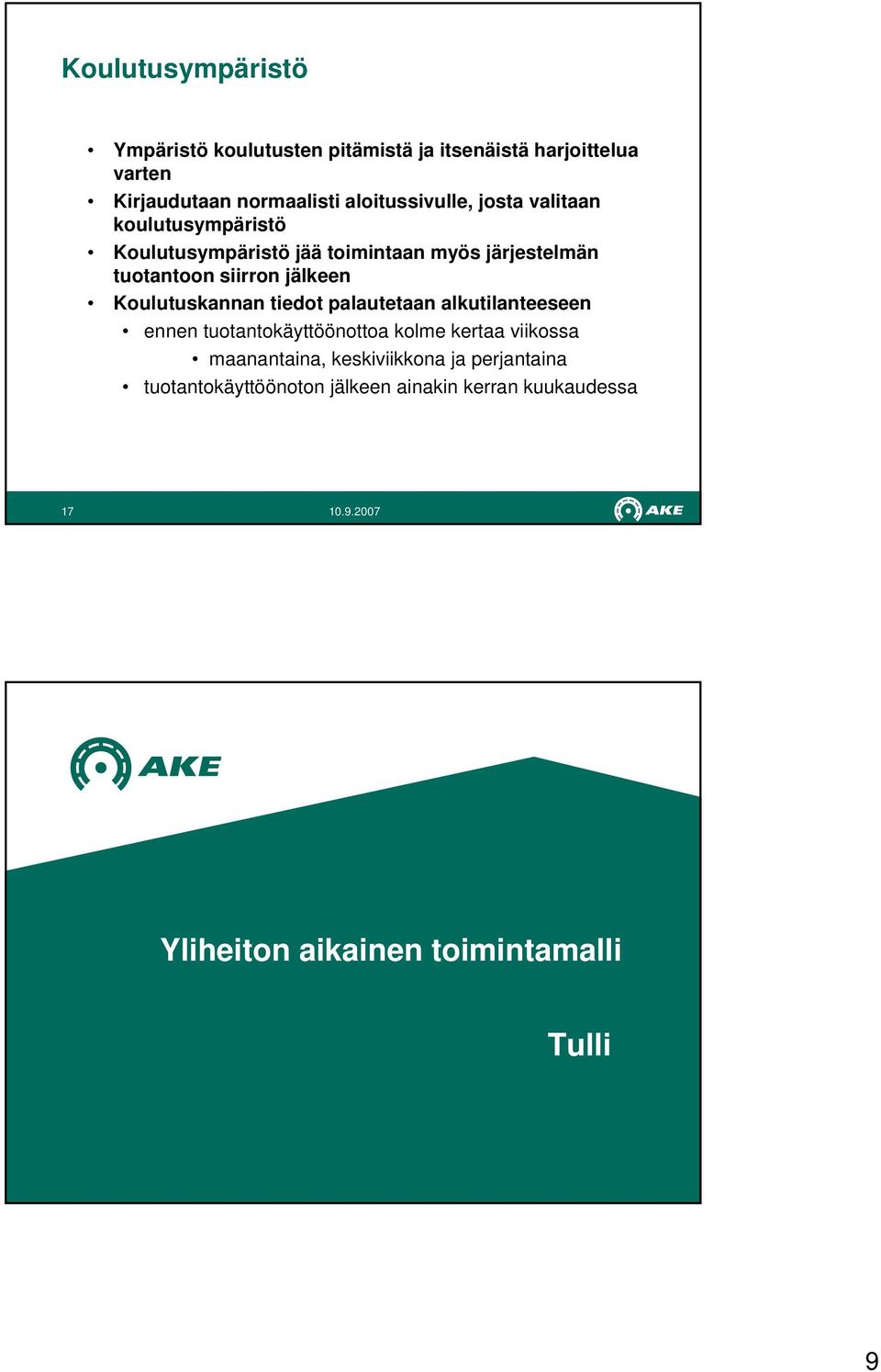 jälkeen Koulutuskannan tiedot palautetaan alkutilanteeseen ennen tuotantokäyttöönottoa kolme kertaa viikossa