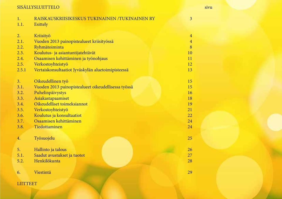 2. Puhelinpäivystys 16 3.3. Asiakastapaamiset 18 3.4. Oikeudelliset toimeksiannot 19 3.5. Verkostoyhteistyö 21 3.6. Koulutus ja konsultaatiot 22 3.7. Osaamisen kehittäminen 24 3.8. Tiedottaminen 24 4.