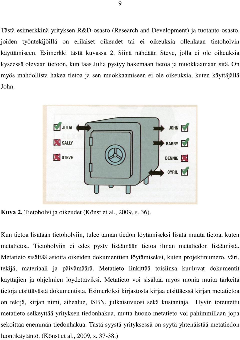 On myös mahdollista hakea tietoa ja sen muokkaamiseen ei ole oikeuksia, kuten käyttäjällä John. Kuva 2. Tietoholvi ja oikeudet (Könst et al., 2009, s. 36).