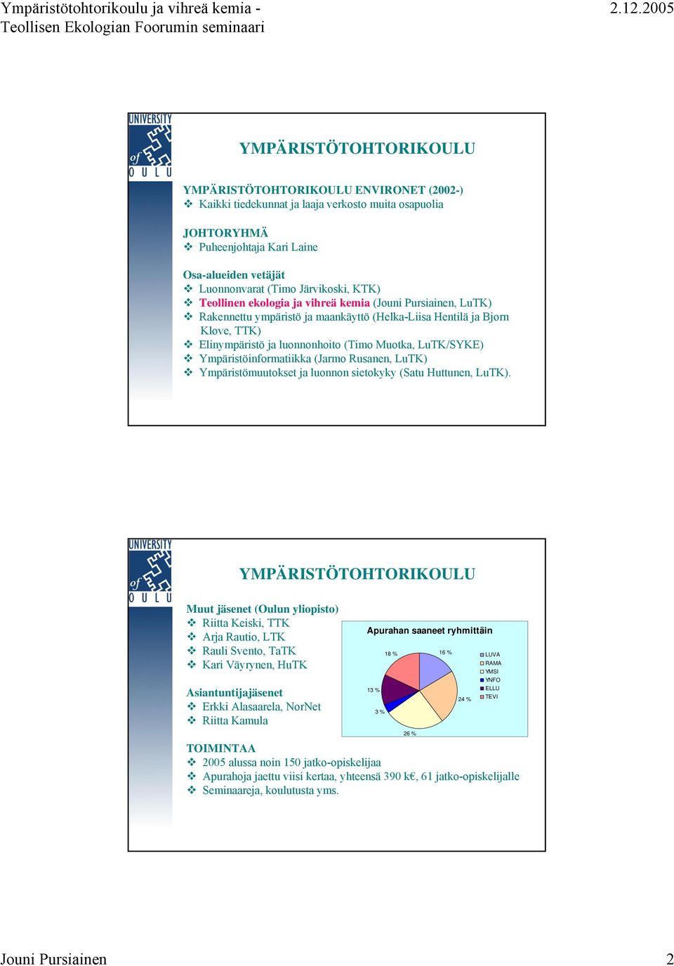 LuTK/SYKE) Ympäristöinformatiikka (Jarmo Rusanen, LuTK) Ympäristömuutokset ja luonnon sietokyky (Satu Huttunen, LuTK).