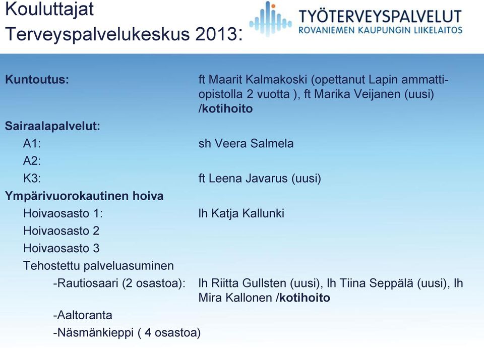 osastoa): -Aaltoranta -Näsmänkieppi ( 4 osastoa) ft Maarit Kalmakoski (opettanut Lapin ammattiopistolla 2 vuotta ), ft