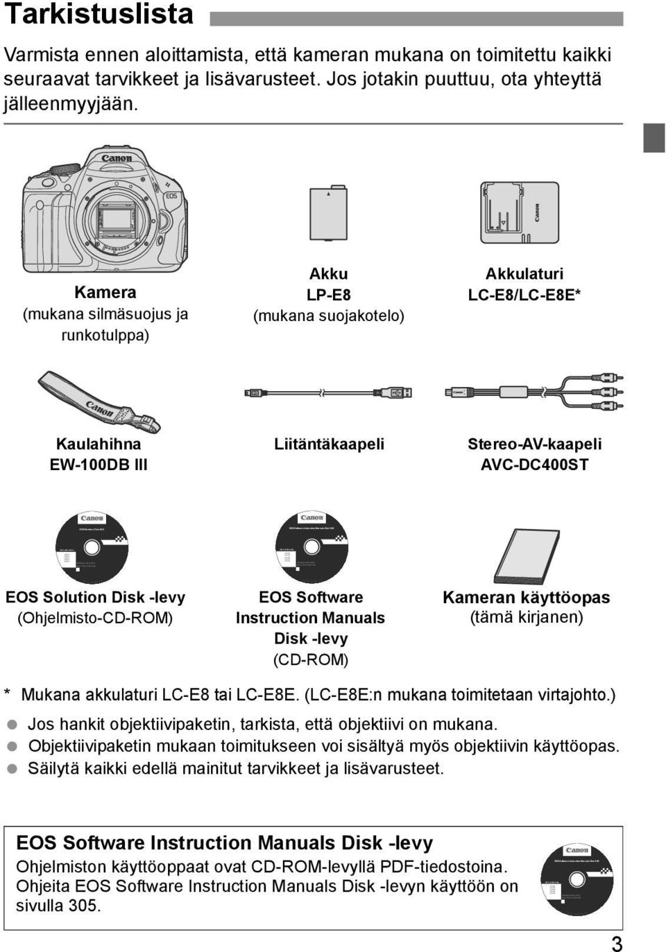 Taristuslista Varmista ennen aloittamista, että ameran muana on toimitettu aii seuraavat tarvieet ja lisävarusteet. Jos jotain puuttuu, ota yhteyttä jälleenmyyjään.