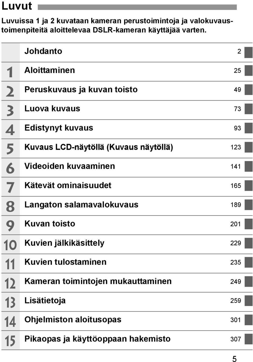 LCD-näytöllä (Kuvaus näytöllä) 123 Videoiden uvaaminen 141 Kätevät ominaisuudet 165 Langaton salamavalouvaus 189 Kuvan toisto 201 Kuvien