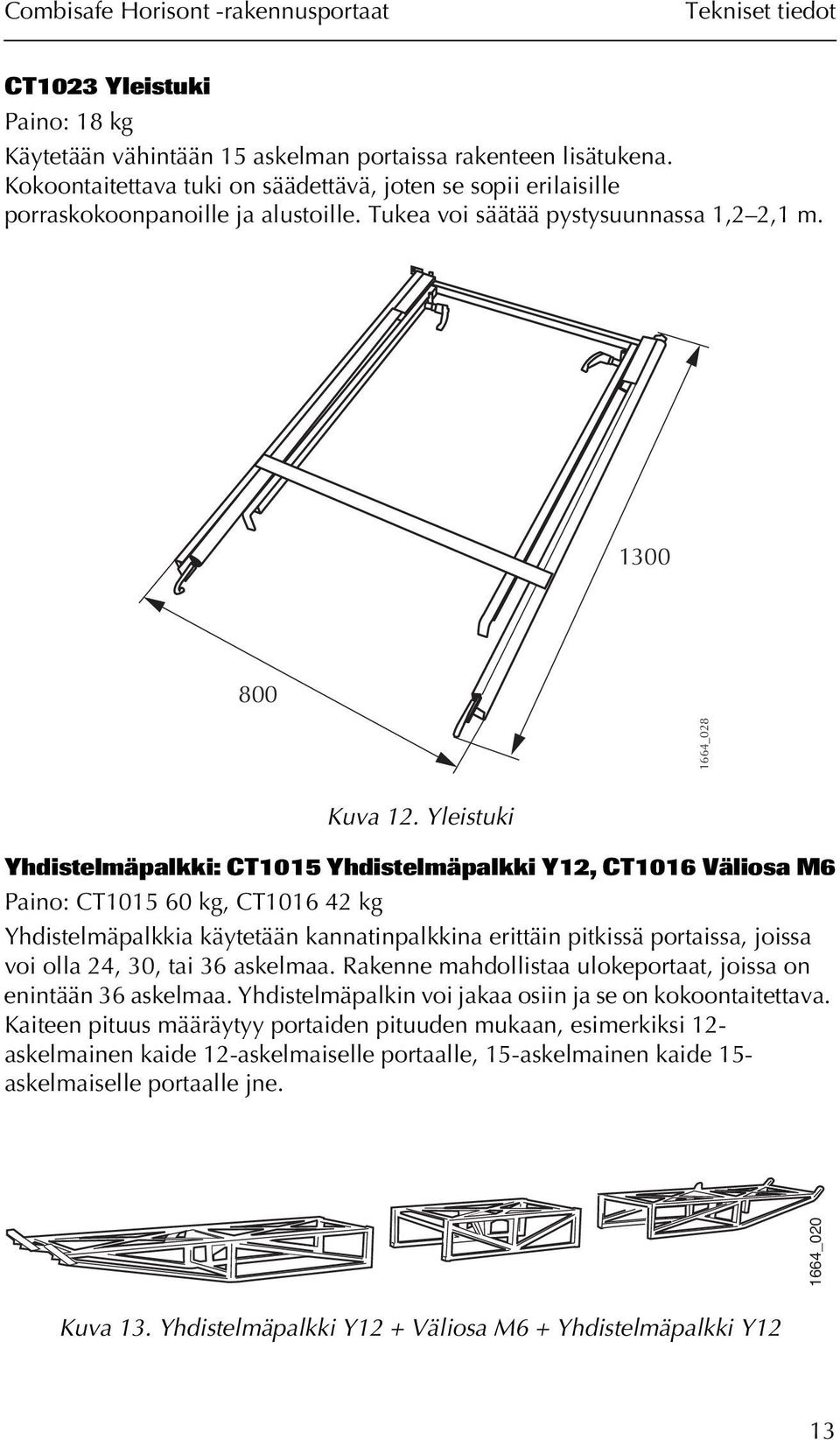 Yleistuki Yhdistelmäpalkki: CT1015 Yhdistelmäpalkki Y12, CT1016 Väliosa M6 Paino: CT1015 60 kg, CT1016 42 kg Yhdistelmäpalkkia käytetään kannatinpalkkina erittäin pitkissä portaissa, joissa voi olla