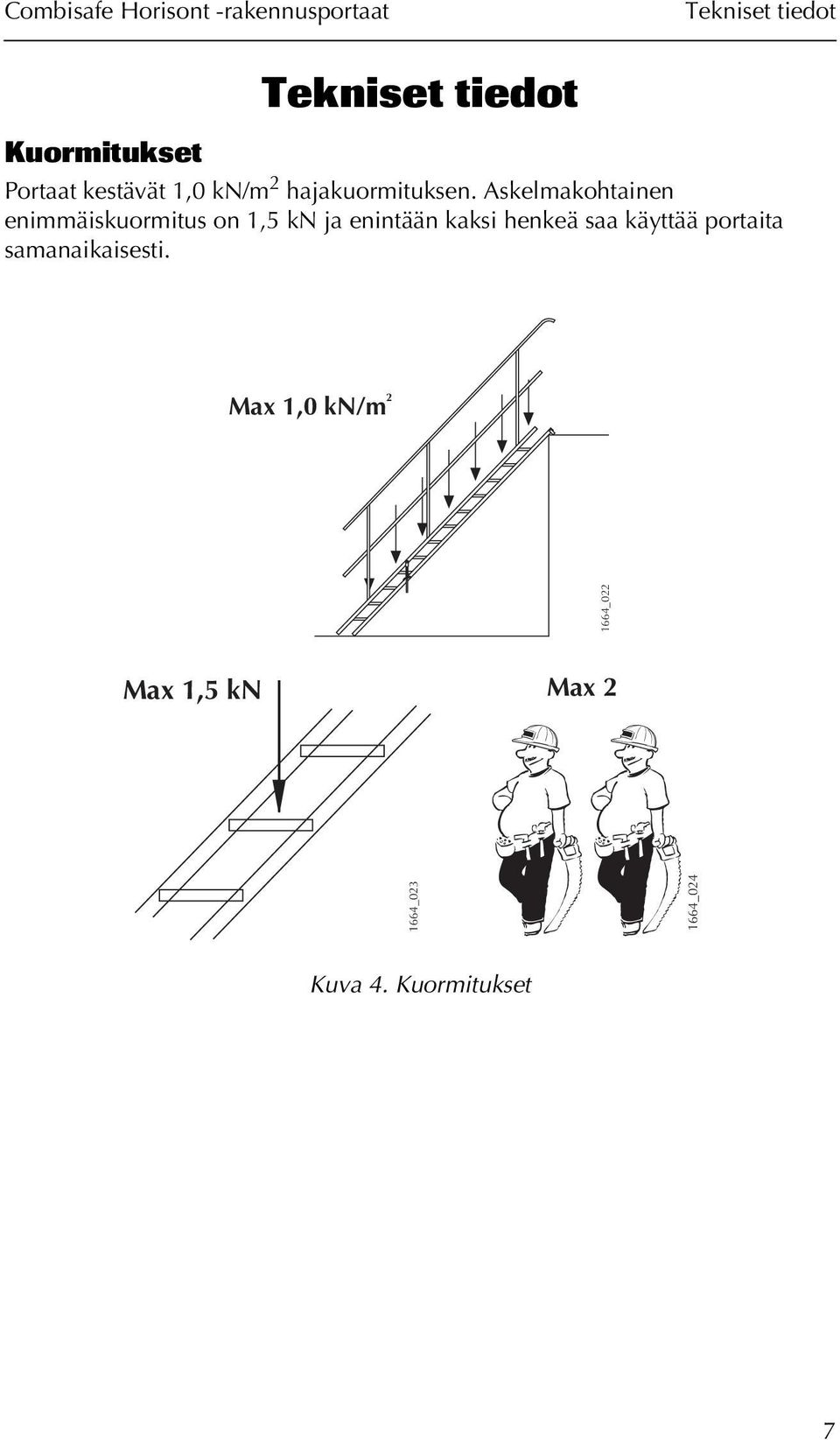 Askelmakohtainen enimmäiskuormitus on 1,5 kn ja enintään kaksi henkeä saa