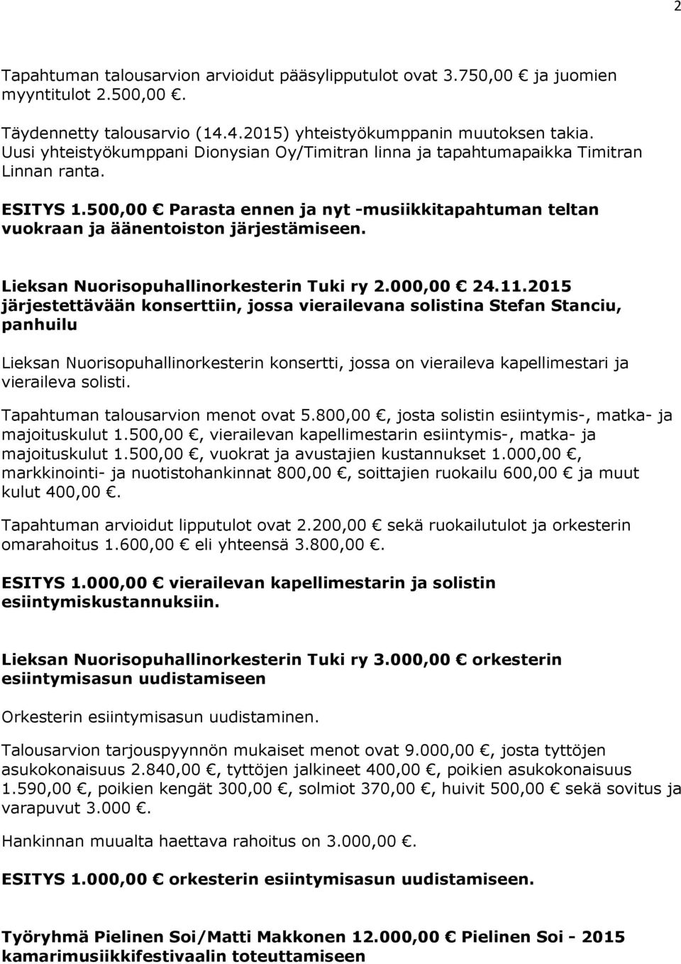 Lieksan Nuorisopuhallinorkesterin Tuki ry 2.000,00 24.11.