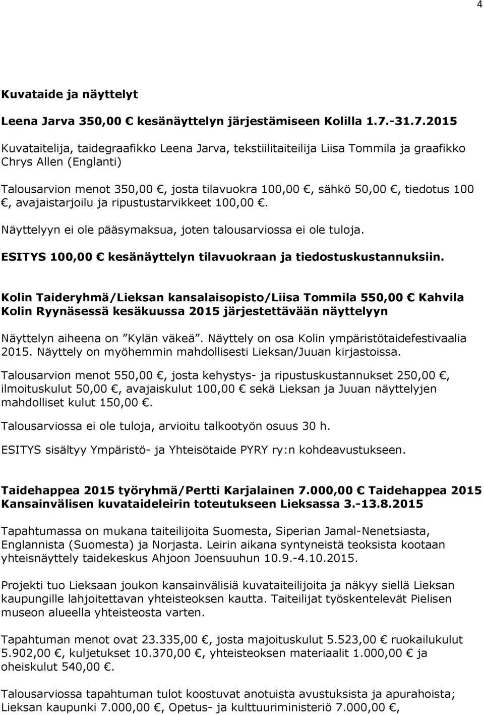 2015 Kuvataitelija, taidegraafikko Leena Jarva, tekstiilitaiteilija Liisa Tommila ja graafikko Chrys Allen (Englanti) Talousarvion menot 350,00, josta tilavuokra 100,00, sähkö 50,00, tiedotus 100,