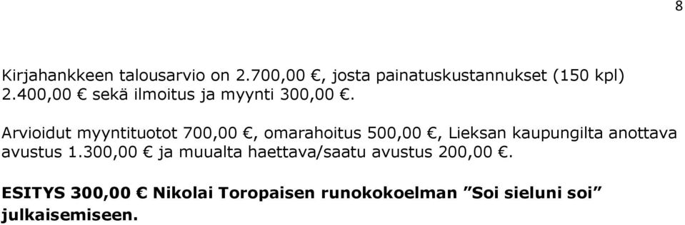 Arvioidut myyntituotot 700,00, omarahoitus 500,00, Lieksan kaupungilta anottava