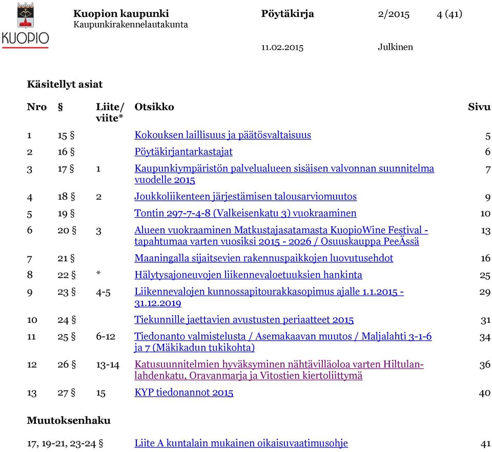 Matkustajasatamasta KuopioWine Festival - tapahtumaa varten vuosiksi 2015-2026 / Osuuskauppa PeeÄssä 7 21 Maaningalla sijaitsevien rakennuspaikkojen luovutusehdot 16 8 22 * Hälytysajoneuvojen