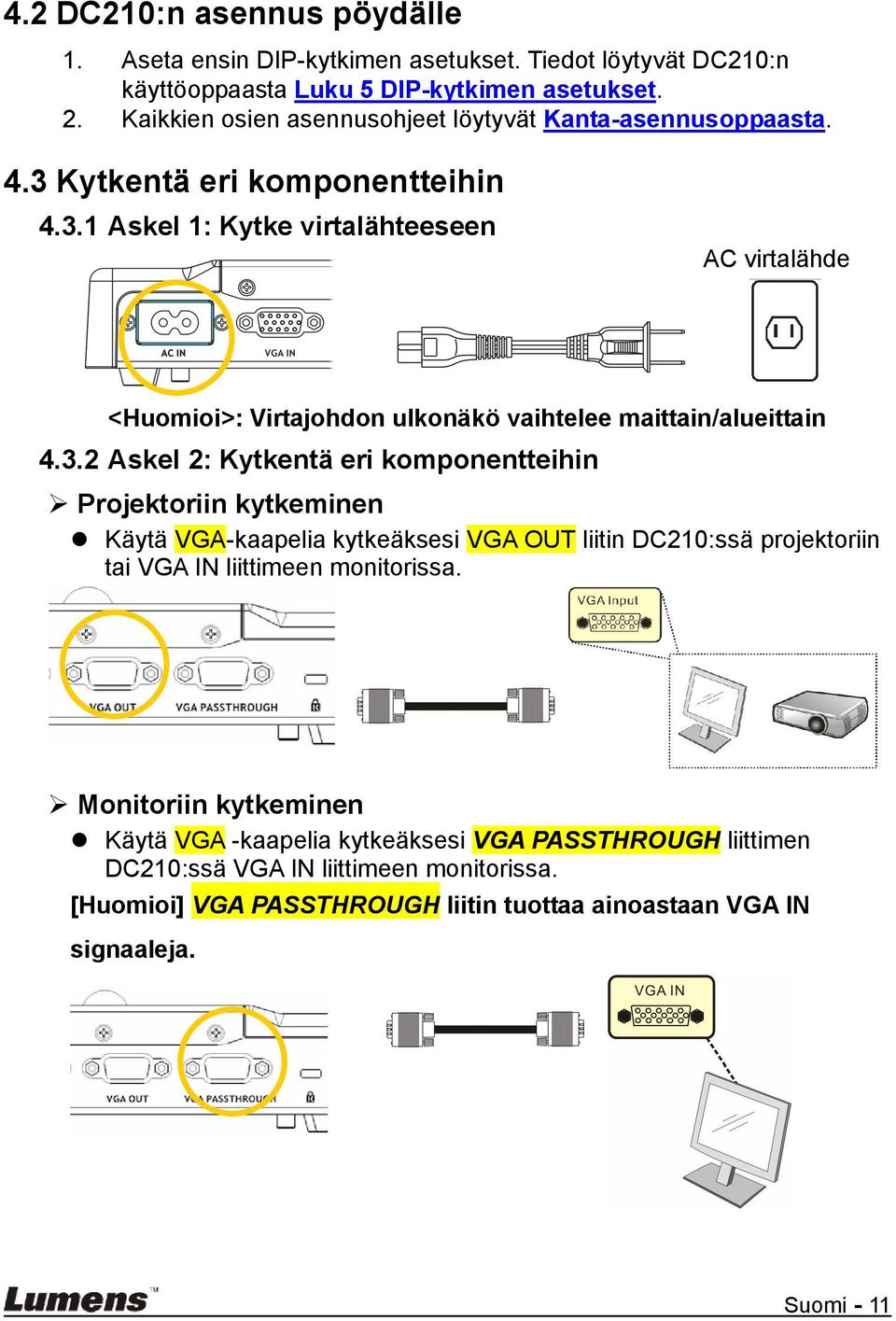 3.2 Askel 2: Kytkentä eri komponentteihin Projektoriin kytkeminen Käytä VGA-kaapelia kytkeäksesi VGA OUT liitin DC210:ssä projektoriin tai VGA IN liittimeen monitorissa.