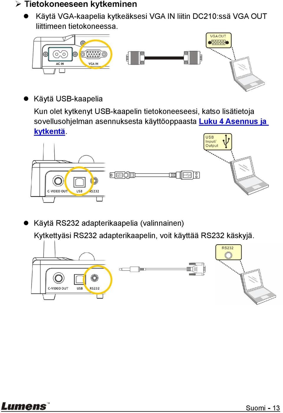 Käytä USB-kaapelia Kun olet kytkenyt USB-kaapelin tietokoneeseesi, katso lisätietoja