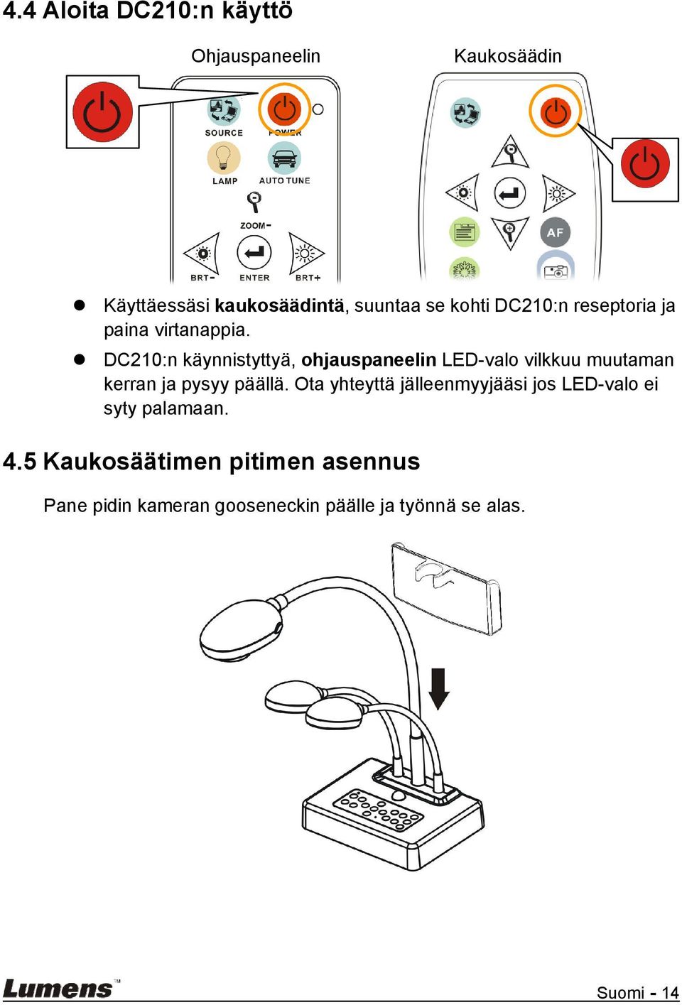 DC210:n käynnistyttyä, ohjauspaneelin LED-valo vilkkuu muutaman kerran ja pysyy päällä.