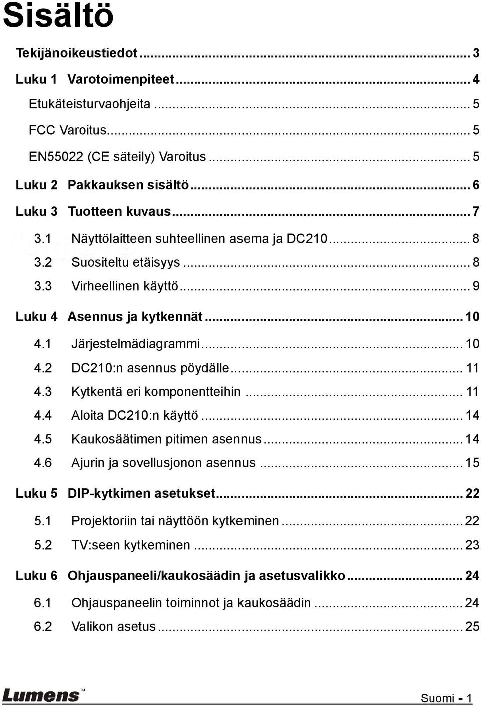 .. 11 4.3 Kytkentä eri komponentteihin... 11 4.4 Aloita DC210:n käyttö... 14 4.5 Kaukosäätimen pitimen asennus... 14 4.6 Ajurin ja sovellusjonon asennus... 15 Luku 5 DIP-kytkimen asetukset... 22 5.