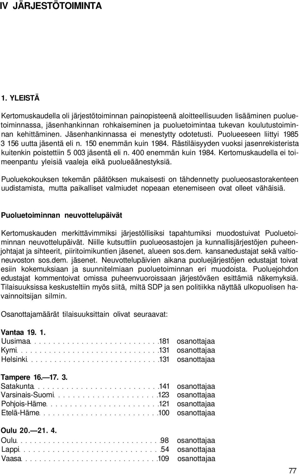 Jäsenhankinnassa ei menestytty odotetusti. Puolueeseen liittyi 1985 3 156 uutta jäsentä eli n. 150 enemmän kuin 1984. Rästiläisyyden vuoksi jasenrekisterista kuitenkin poistettiin 5 003 jäsentä eli n.